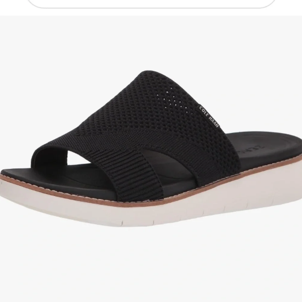Cole Haan Zerogrand Global Stitchlite Slip On Sandal BLACK Knit/Pecan Leather